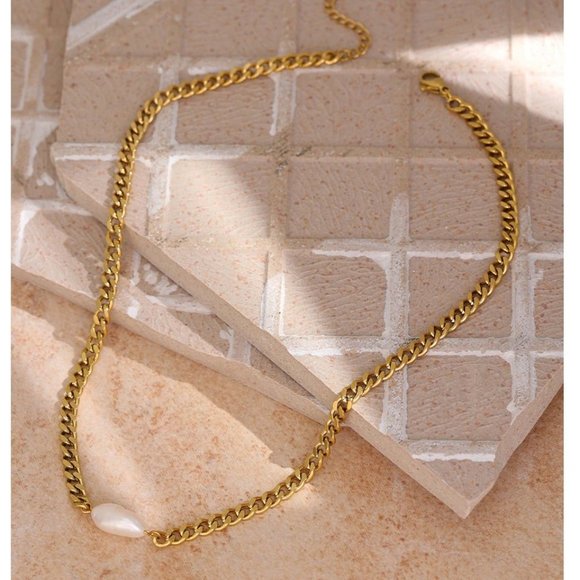 Jewelry - New 18K Gold Plated Natural Pearl Link Chain Necklace